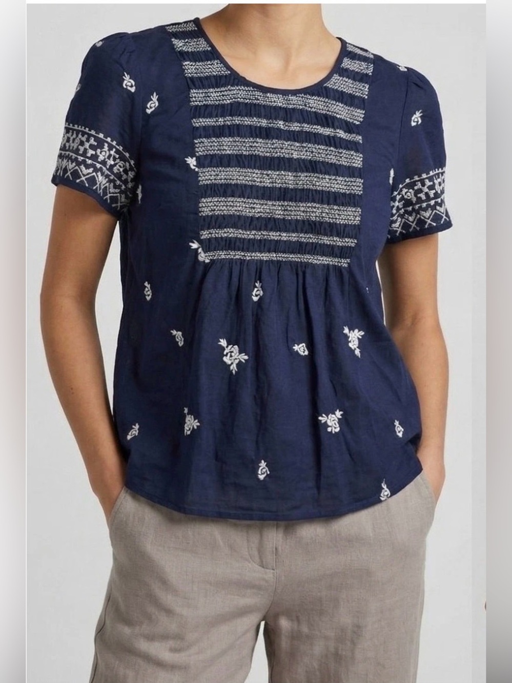 Lucky Brand Sz L Navy Blue Embroidery Short Sleeve Top Cotton Boho Peasant